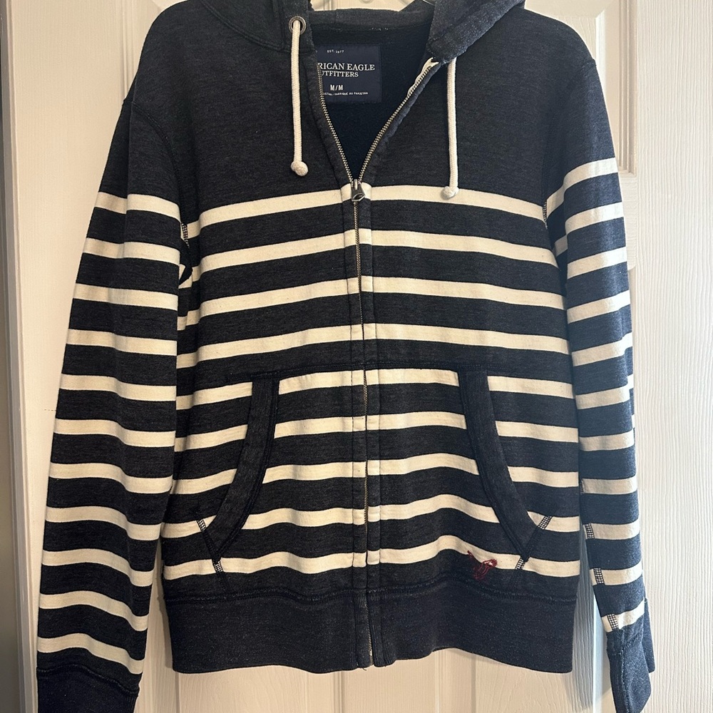 American Eagle Outfitters Men's Zip-Up dark navy and White Sweater